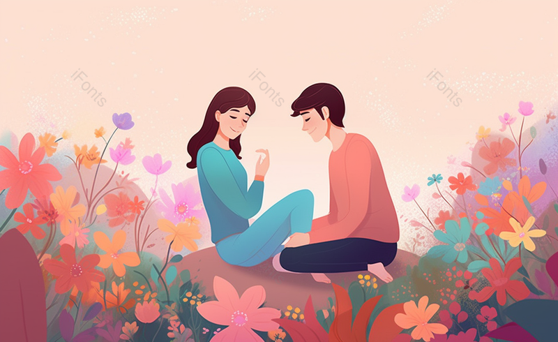 唯美情侣山坡花层约会插画,插画/手绘图,插画/手绘图库,插画/手绘图下载,插画/手绘